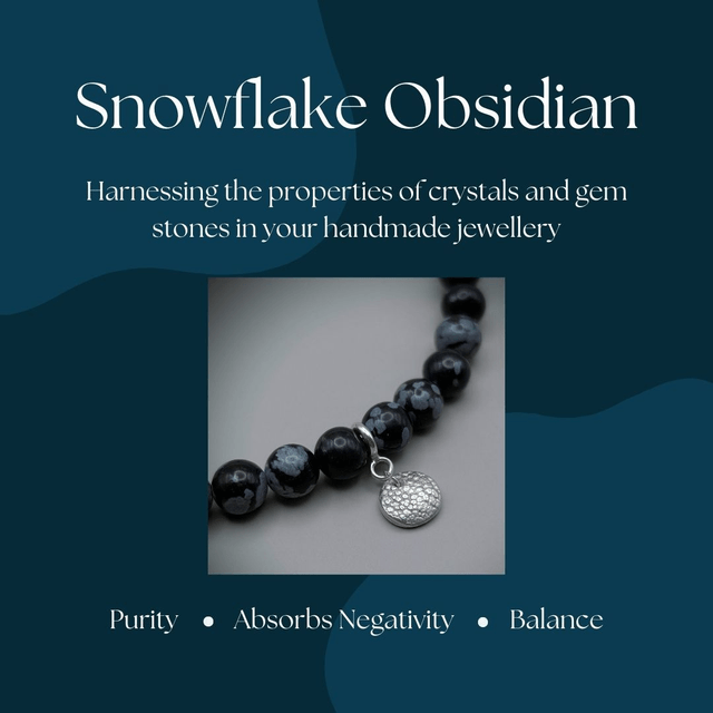 Pet Nose Print Bracelet, 6mm Snowflake Obsidian with Sterling Silver Charm