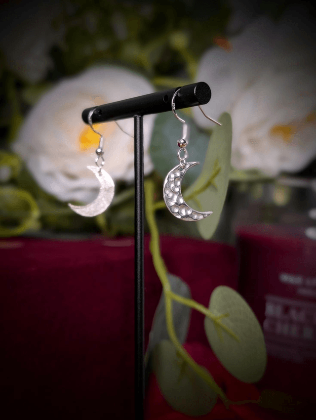 Hammered Crescent Moon Earrings, Sterling Silver 